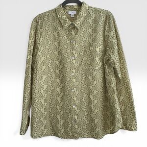 J. Jill Size L Olive Green Floral Embroidered Button-Up Blouse Boho Cotton Top